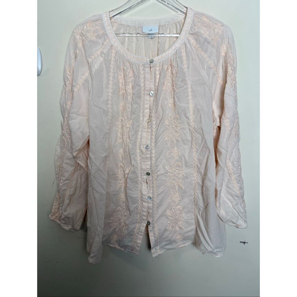 J.Jill Blush Pink Embroidered Cotton Blouse XL Modest Boho Romantic Tunic Top